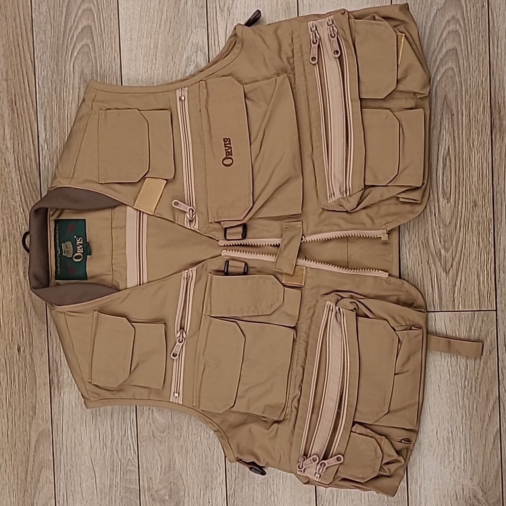ORVIS Tan Brown Vintage Fishing Hunting Cotton Blend Sz XS Mens Full Zip Vest